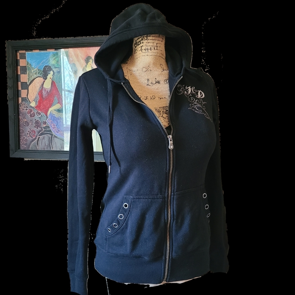 Harley-Davidson Black Hooded Zip-Up Sweatshirt with Subtle Chest Embroidery